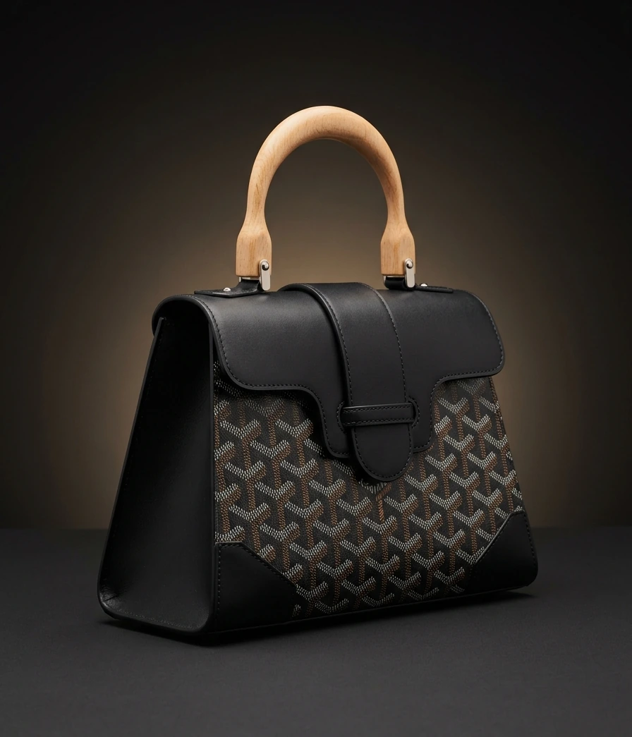 Goyard Saïgon PM in black Goyardine canvas with beech-wood handle, front three-quarter view