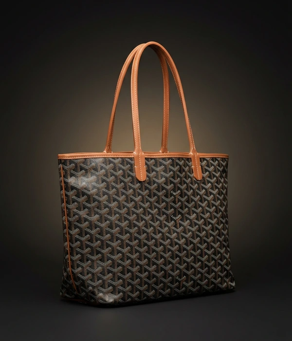 Goyard Saint Louis PM tote in Black/Tan Goyardine canvas, front three-quarter view