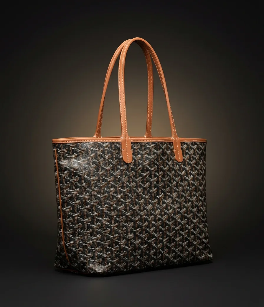 Goyard Saint Louis PM tote in Black/Tan Goyardine canvas, front three-quarter view