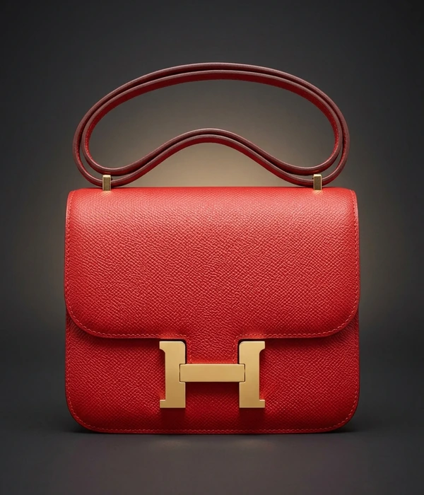 Hermès Constance 18 in Rouge Casaque Epsom leather with gold hardware, front three-quarter view