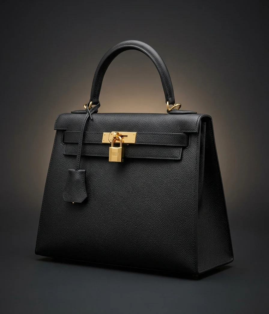Hermès Kelly 25 Sellier, Epsom nahk, Noir värv, kuldsed furnituurid, eestvaade