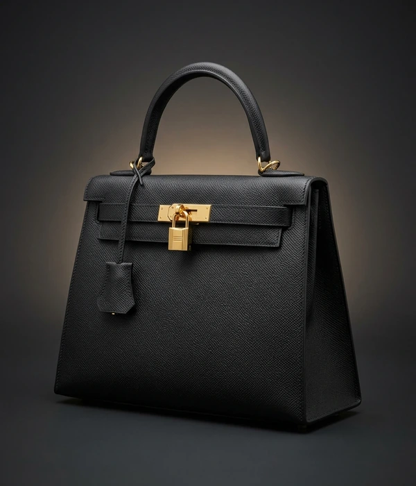 Hermès Kelly 25 Sellier in Noir Epsom leather with gold hardware, front three-quarter view