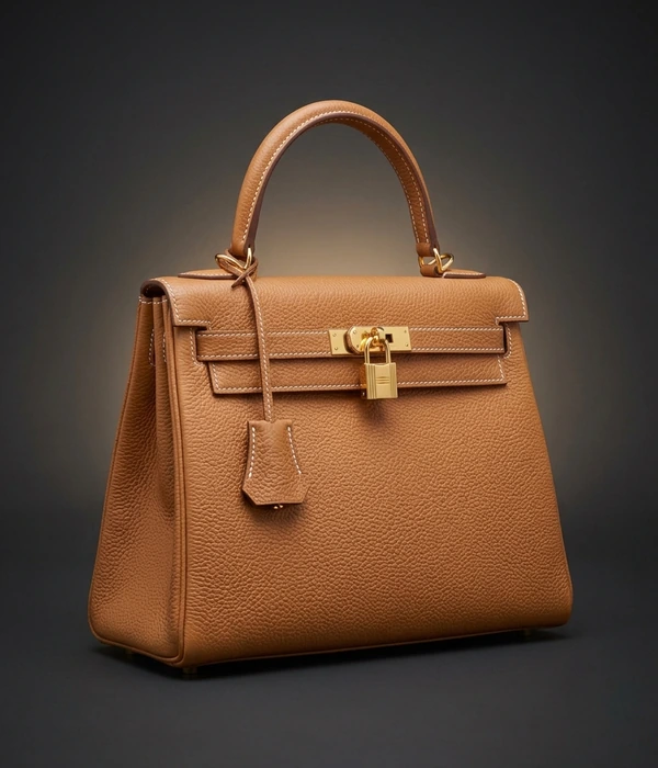 Hermès Kelly 28 in Gold Togo leather with gold hardware, front three-quarter view