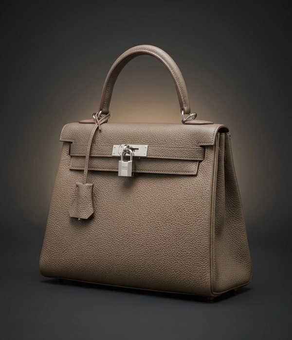 Hermès Kelly 32 Retourne, Togo nahk, Étoupe värv, pallaadiumfurnituurid, eestvaade