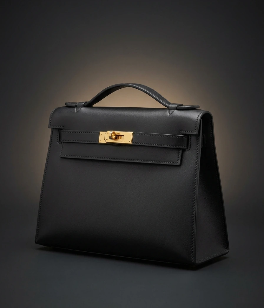 Hermès Kelly Pochette in Noir Swift leather with gold hardware, front three-quarter view