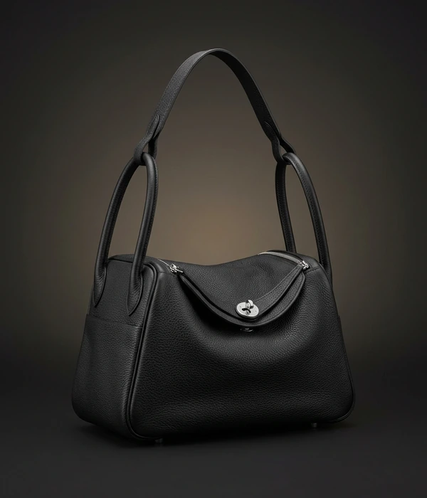 Hermès Lindy 26 in Noir Clemence leather with palladium hardware, front three-quarter view