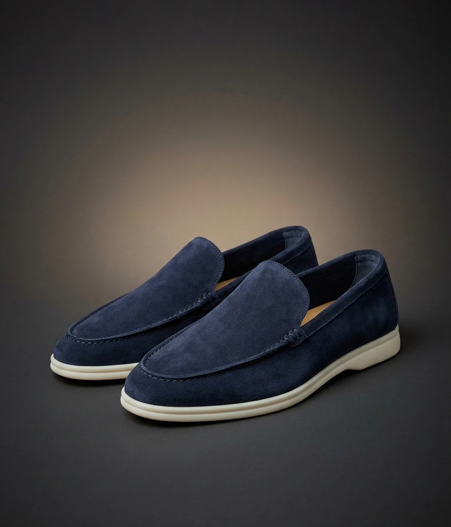 Loro Piana Summer Walk loafers in Navy suede, front three-quarter view