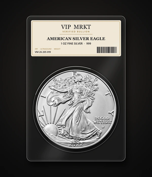 American Silver Eagle 1 oz 999, suletud kapslihoidikus