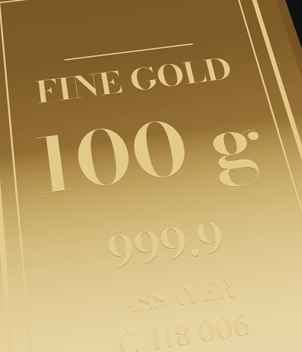 Gold bar 100 g 999.9, stamp close-up