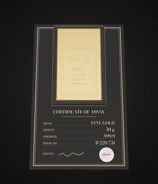 Gold bar 50 g 999.9, sealed in an assay card with certificate