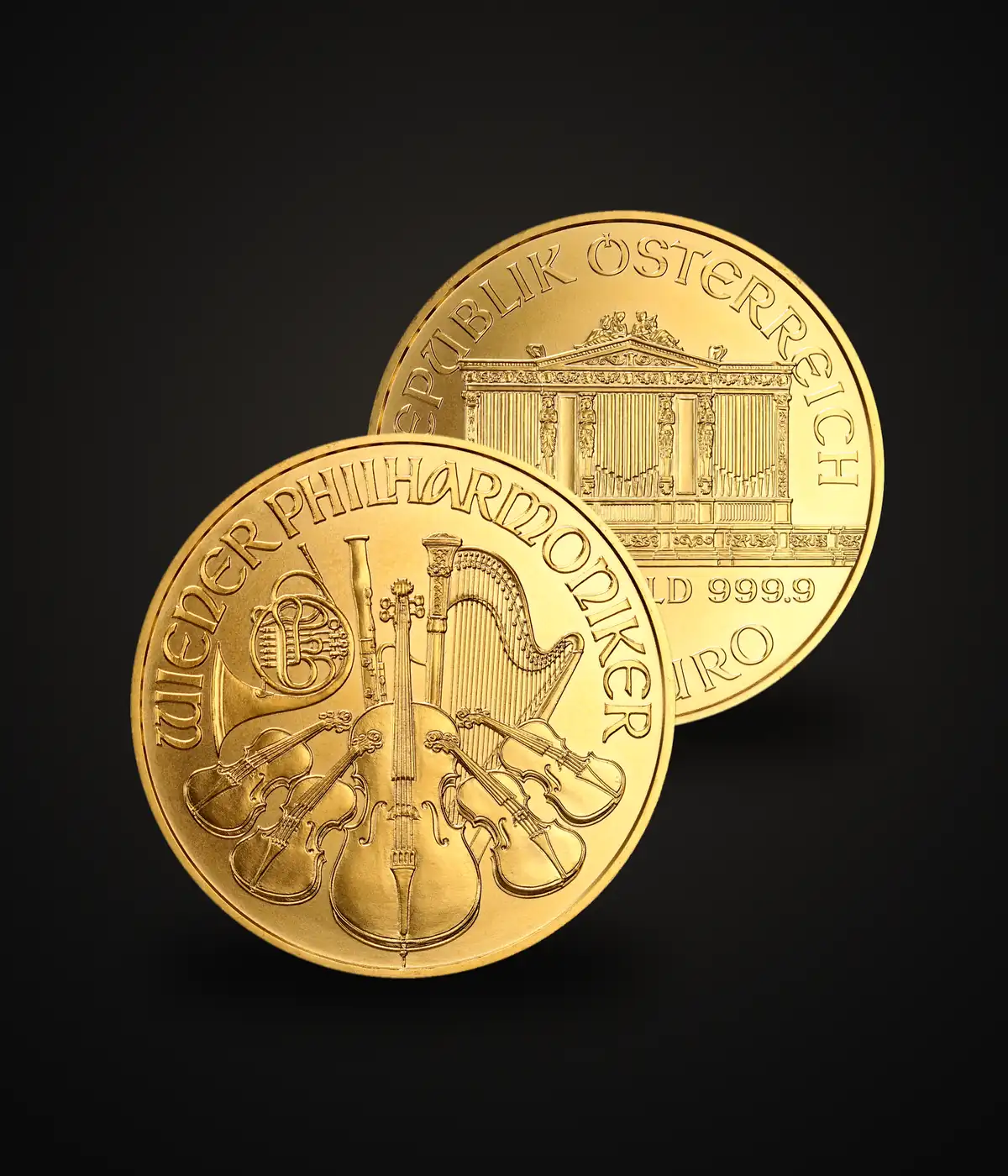 Vienna Philharmonic 1 oz 999.9, obverse and reverse