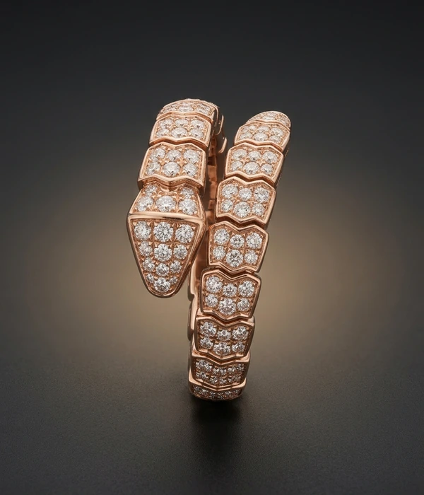 Bulgari Serpenti Viper ring, full pavé, 18k rose gold, top view