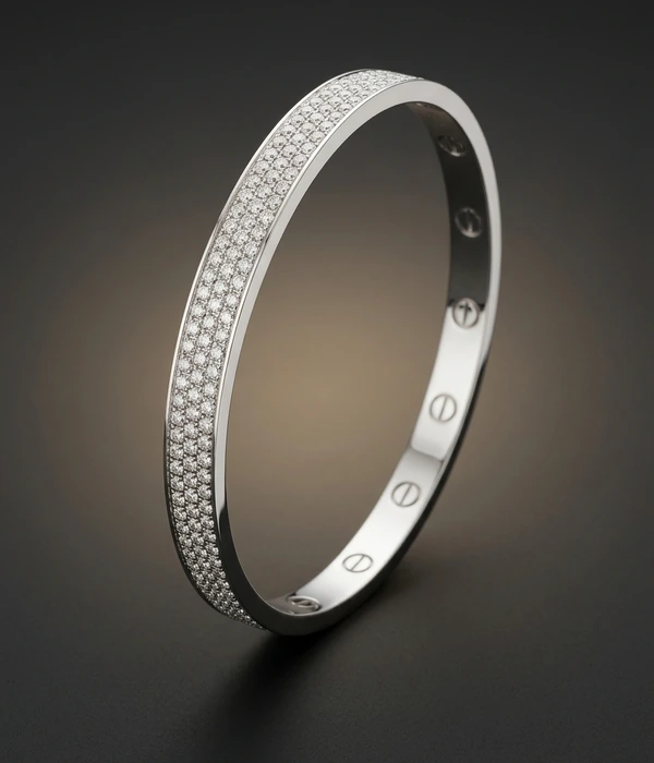 Cartier Love -rannekoru, täysi pavee, 18k valkokulta, ylhäältä