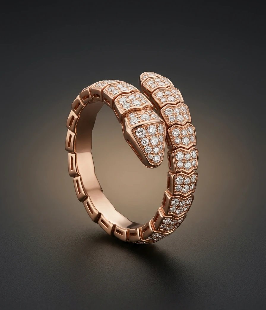 Кольцо Bulgari Serpenti Viper, полное паве, Розовое золото 750