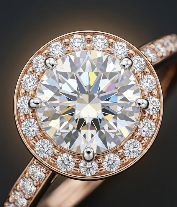 Кольцо с бриллиантом 1,80 ct в ореоле, розовое золото, Розовое золото 750, деталь крупным планом
