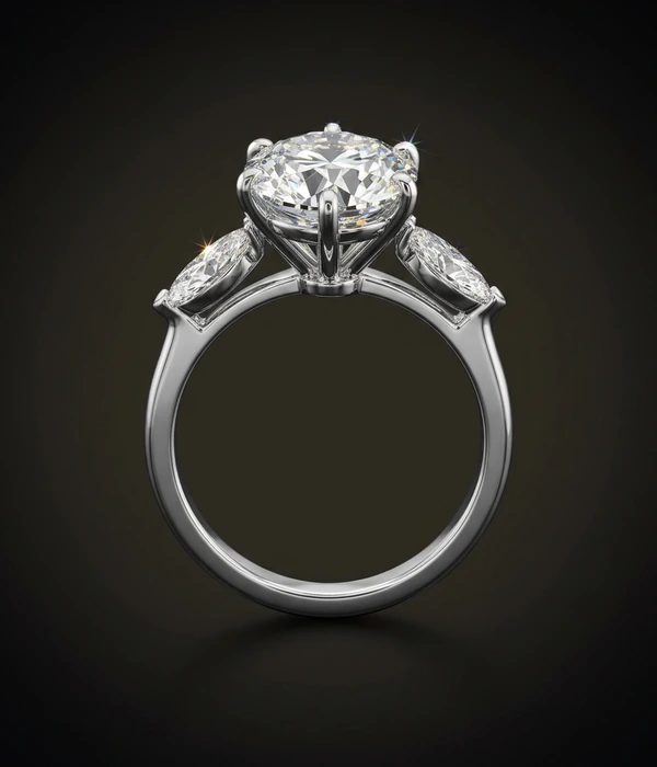 Round diamond ring 2.01 ct with marquise side stones, Platinum 950, top view