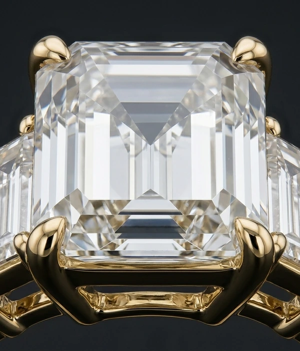 Smaragdlihvis teemantsõrmus 2,51 ct astmelihvis külgkividega, 18k kollane kuld, detail lähivaates