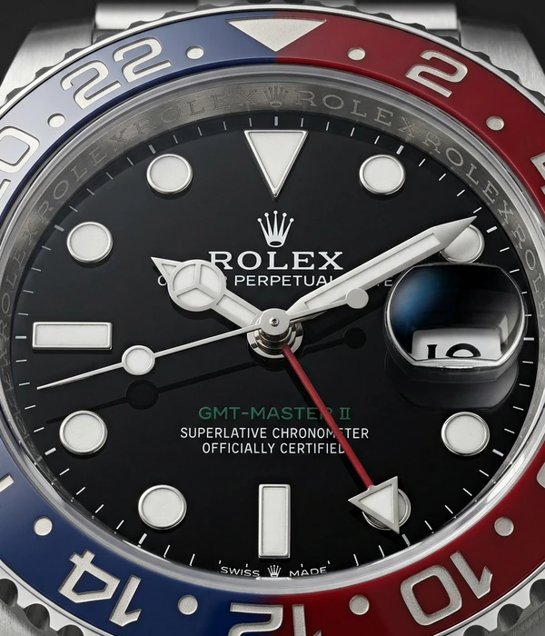 Rolex GMT-Master II 126710BLRO, kellotaulun lähikuva